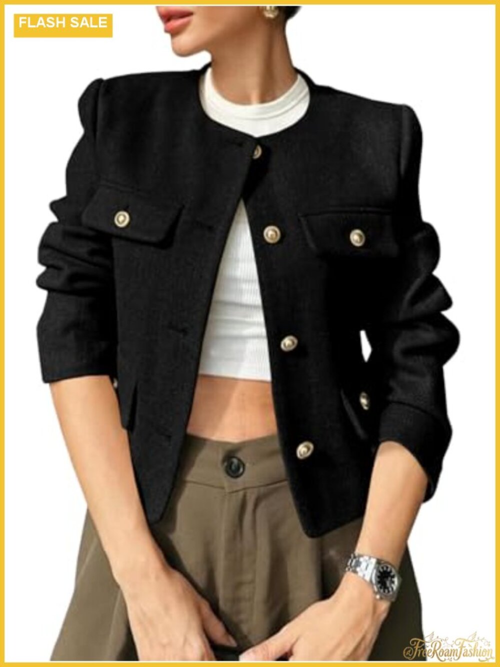 Womens Cropped Tweed Blazer Collarless Button Down Long Sleeve Work Jacket
